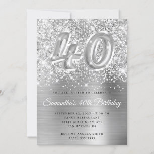 Convite Número 40 de Aniversário Glam Silver Brilhante