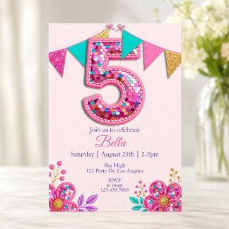 Convite Número 5 de lantejoulas rosa Aniversário de 5 anos