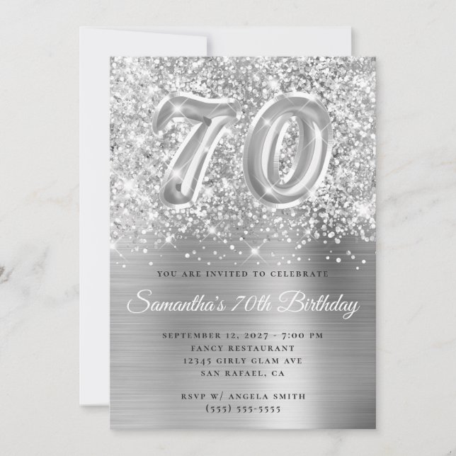 Convite Número 70 de Aniversário Glam Silver Brilhante (Frente)