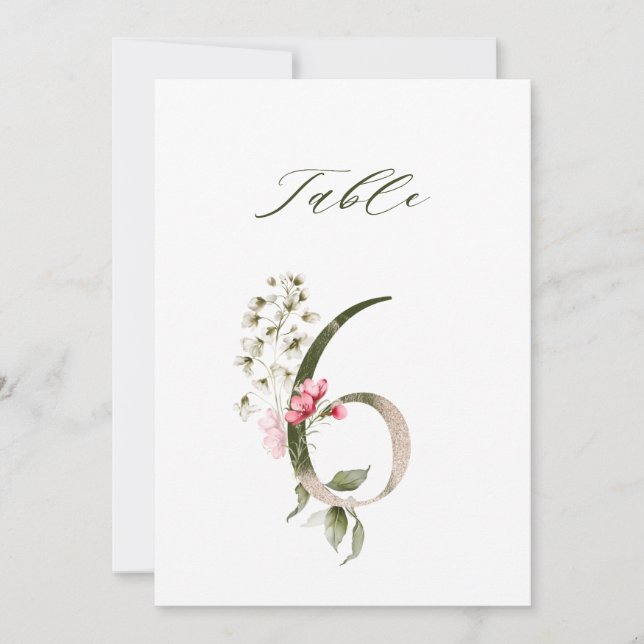 Convite Número Botânico Floral 5x7 Número 6, Número da Mes (Frente)