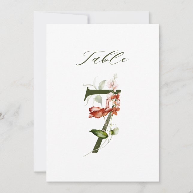 Convite Número Botânico Floral 5x7 Número 7, Número de Mes (Frente)