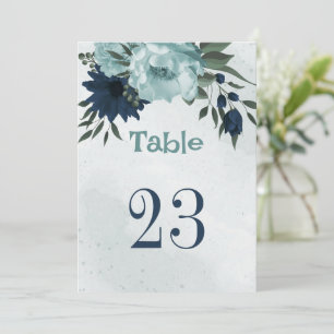 Convite Número da mesa com flores azuis empoeiradas & azui