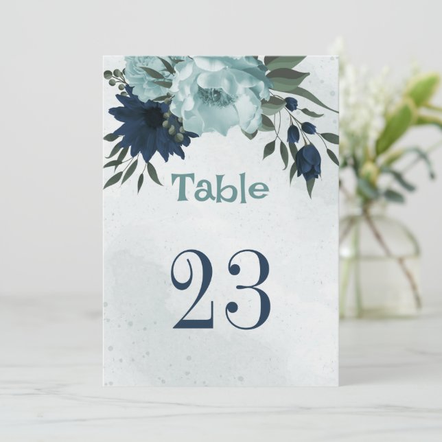 Convite Número da mesa com flores azuis empoeiradas & azui (Em pé/Frente)