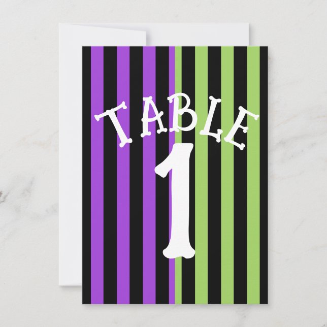 Convite Número da Mesa com Listras de Halloween Verde Roxo (Frente)