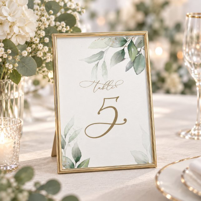 Convite Número da Mesa de Casamento 5 com Verde de Eucalip (Eucalyptus Greenery Table Number card displayed in a gold frame with florals)