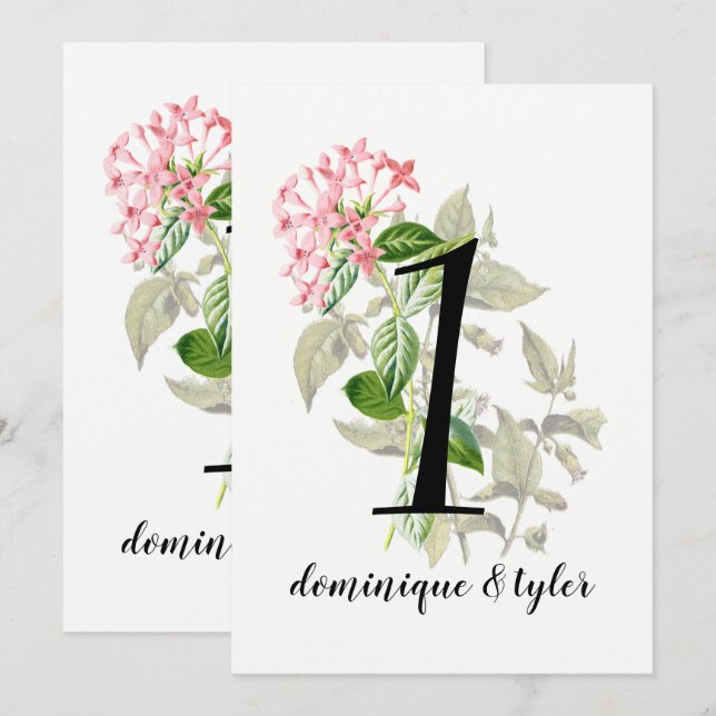 Convite Número da Mesa de Casamento com Flores Rosadas Ant (Frente/Verso)