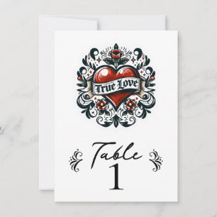 Convite Número da Mesa de Casamento com Tatuagem de Coraçã