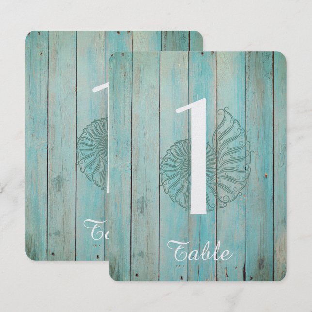 Convite Número da Mesa de Casamento Concha Azul do Mar na  (Frente/Verso)