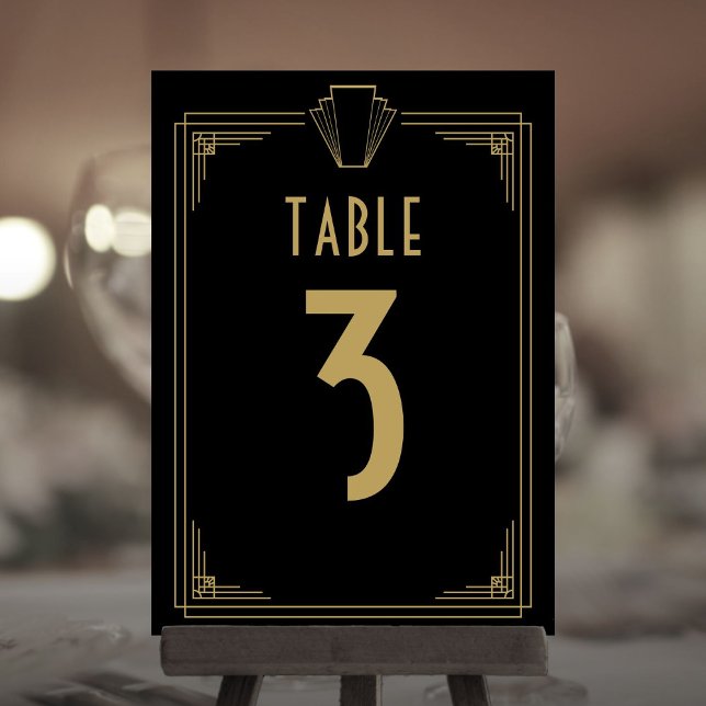 Convite Número Da Mesa De Casamento De Deco De Arte Preta  (Black And Gold 1920s Art Deco Wedding Table Number)