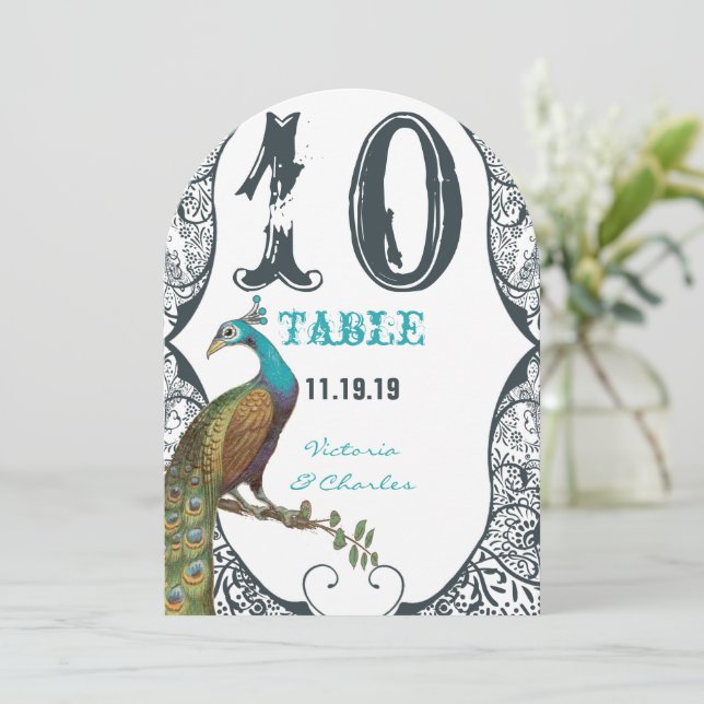 Convite Número da Mesa de Casamento de Pavão Caprichoso Az (Em pé/Frente)