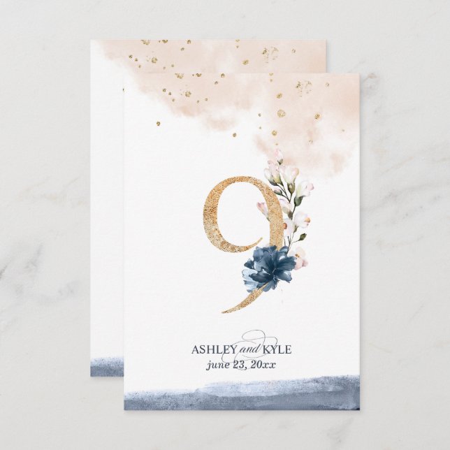 Convite Número da mesa de casamento em azul-marinho, rosa  (Frente/Verso)