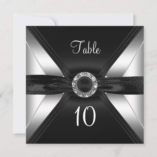 Convite Número da Mesa Diamante Jóia Preto Branco Prata (Frente)