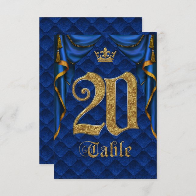 Convite Número da Mesa do Casamento Coroa Dourada Azul Rea (Frente/Verso)
