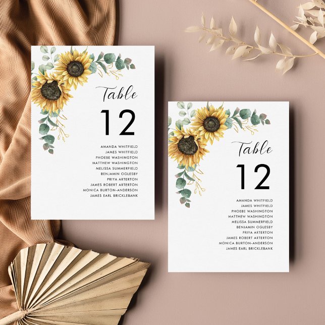 Convite Número da Mesa do Casamento do Girassol 12 Mapa de (Sunflower Eucalyptus Wedding Floral Reception Table Number Card)