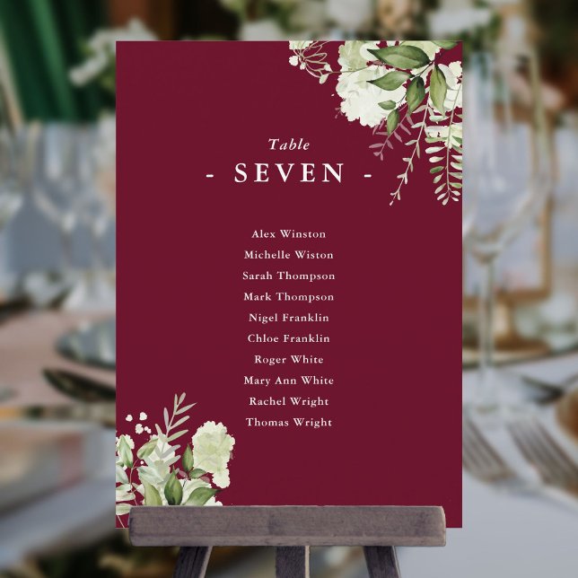 Convite Número da Mesa do Plano de Assentos com Folhagens  (Burgundy Greenery Seating Plan Table Number)