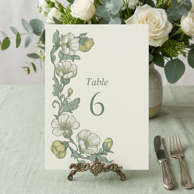 Convite Número da Mesa em Verde Sálvia Floral Botânico Vin (Vintage Botanical Floral Sage Green Table Number)