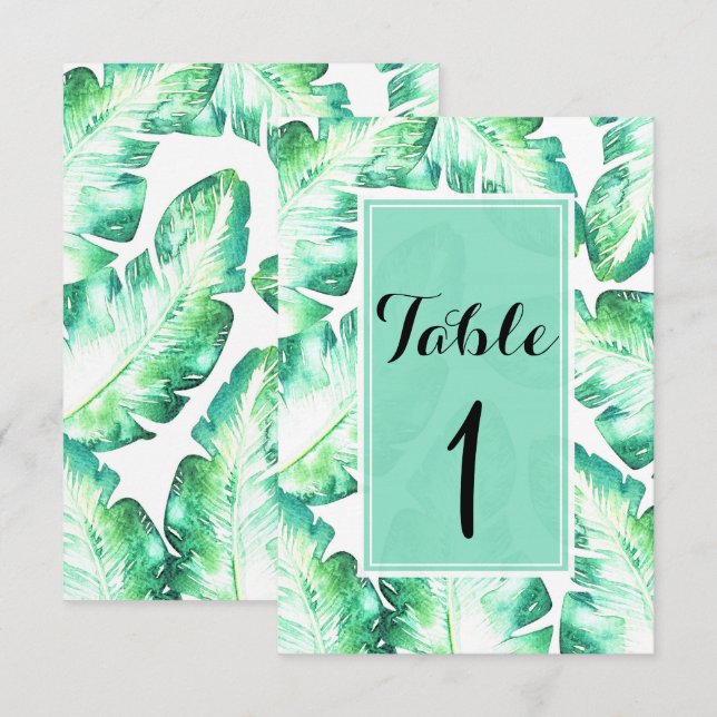 Convite Número da Mesa Folhas Tropicais Branco e Verde Pra (Frente/Verso)