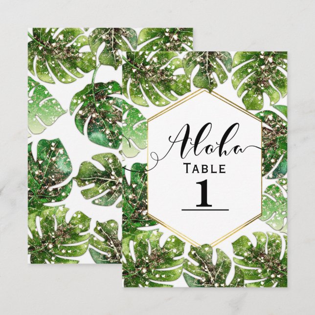 Convite Número da Mesa Folhas Tropicais Brilho em Glitter  (Frente/Verso)