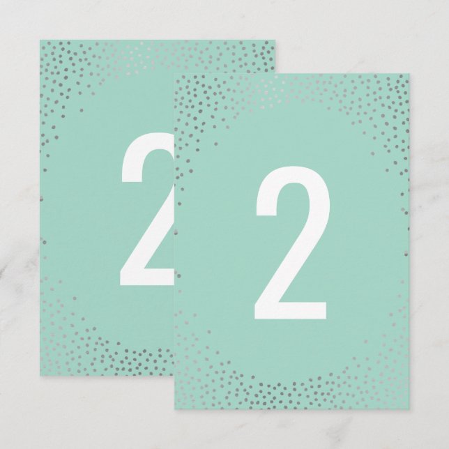 Convite NÚMERO DA MESA mini confetes rústicos prata menta (Frente/Verso)