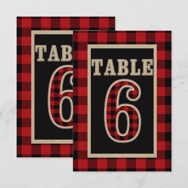 Convite Número da Mesa Rústica Xadrez Búfalo Vermelho e Pr (Frente/Verso)
