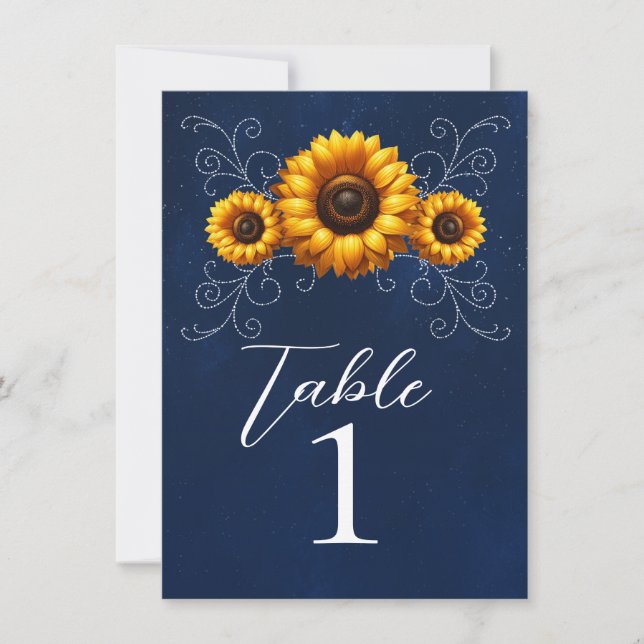Convite Número da Mesa Sunflower Sparkle Blue Rustic Glam (Frente)