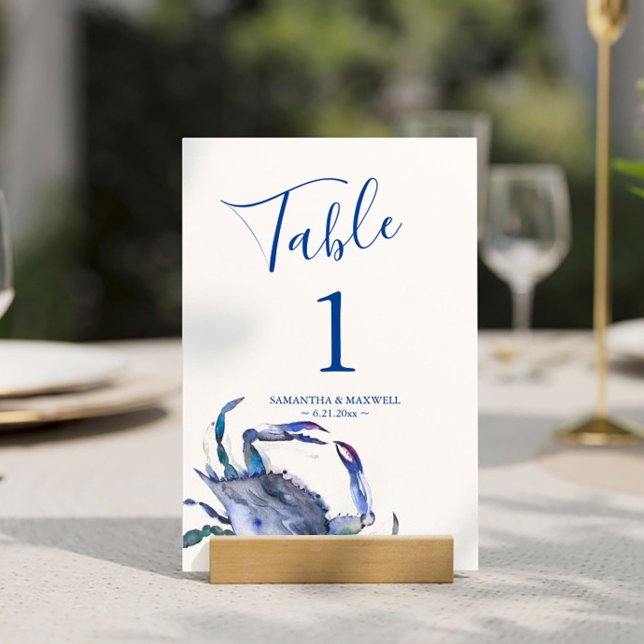 Convite Número da Tabela de Casamento de Caranguejo Costei (Table number cards destination beach wedding watercolor blue crab art by Victoria Grigaliunas)