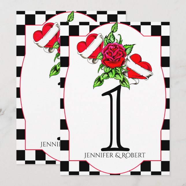 Convite Número da Tabela de Casamento de Rosa do Rockabill (Frente/Verso)