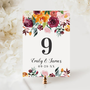 Convite Número da Tabela de Casamento Floral Rustic Burgu