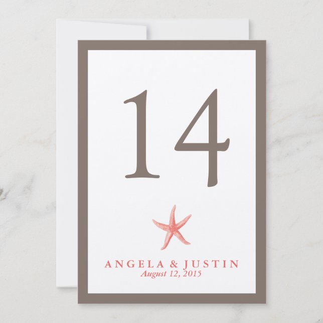 Convite Número da tabela de casamento Starfish - CORAL (Frente)