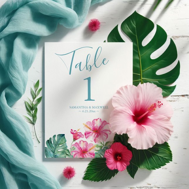 Convite Número da Tabela de Casamento Tropical Floral (Destination weddings table number tropical pink hibiscus flower watercolor art Victoria Grigaliunas)