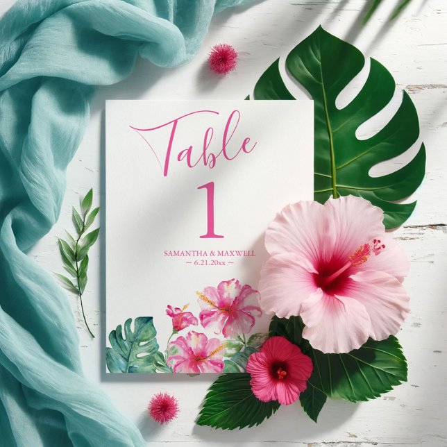 Convite Número da Tabela de Casamento Tropical Floral (Destination weddings tropical pink watercolor hibiscus flowers and palm leaf artVictoria Grigaliunas)