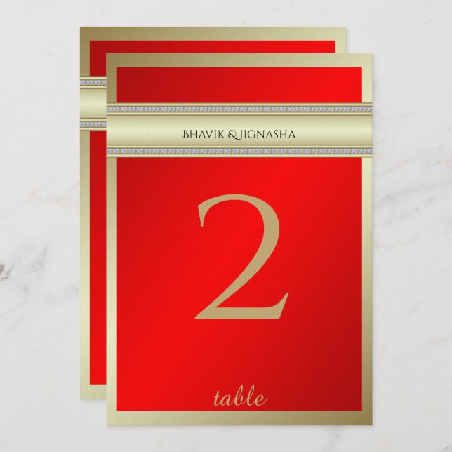 Convite Número da Tabela de Damascos Dourada e Vermelha (Frente/Verso)