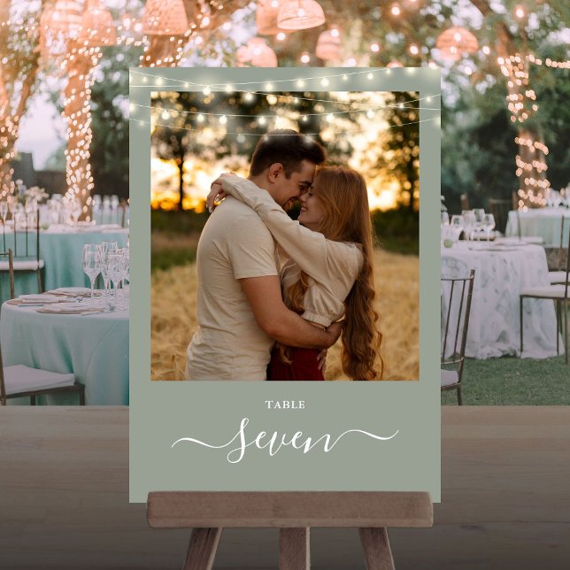 Convite Número da Tabela de Fotografias das Luzes Verdes d (Sage Green String Lights Photo Table Number)