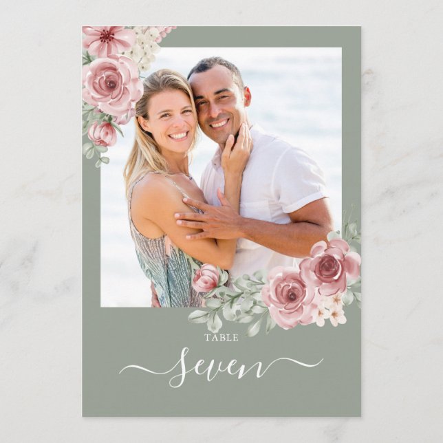 Convite Número da Tabela de Fotografias Verde Floral Sage  (Verso)