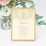 Convite Número da Tabela de Gráfico de Casamentos Dourados<br><div class="desc">Números de tabela inspirados na vintage marfim elegante apresentam um monograma de casamento e um design decorativo de ornamentado com uma aparência de um shimmer de ouro de champanhe metálico. O design de dois lados inclui os nomes de convidados sentados em cada mesa. Personalize e adicione cada placa de número...</div>