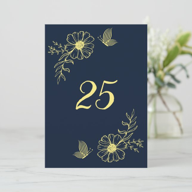 Convite Número da tabela de marinhos de flores de ouro ele (Em pé/Frente)