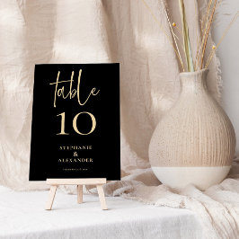 Convite Número da Tabela de Nomes Pretos de Script Dourado