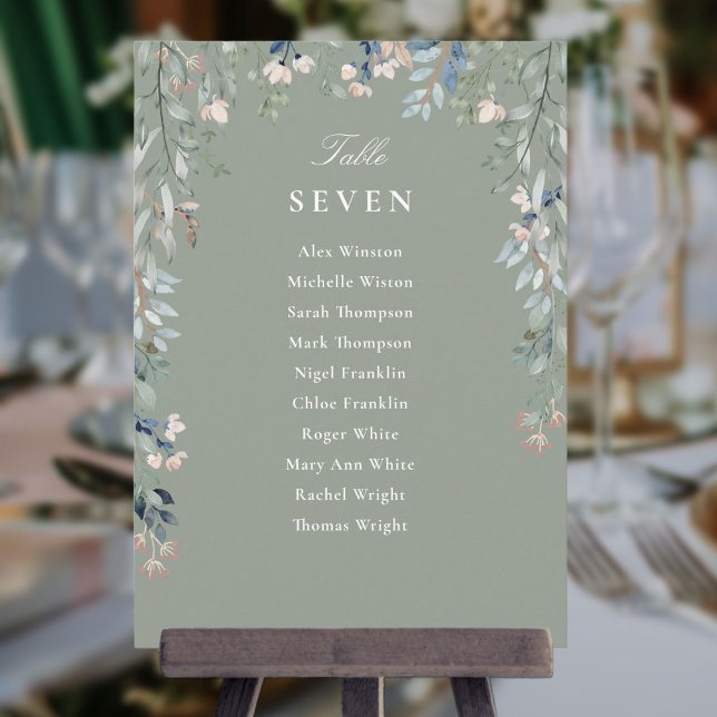 Convite Número da Tabela de Planos Florais Verdes Sage (Sage Green Floral Seating Plan Table Number)