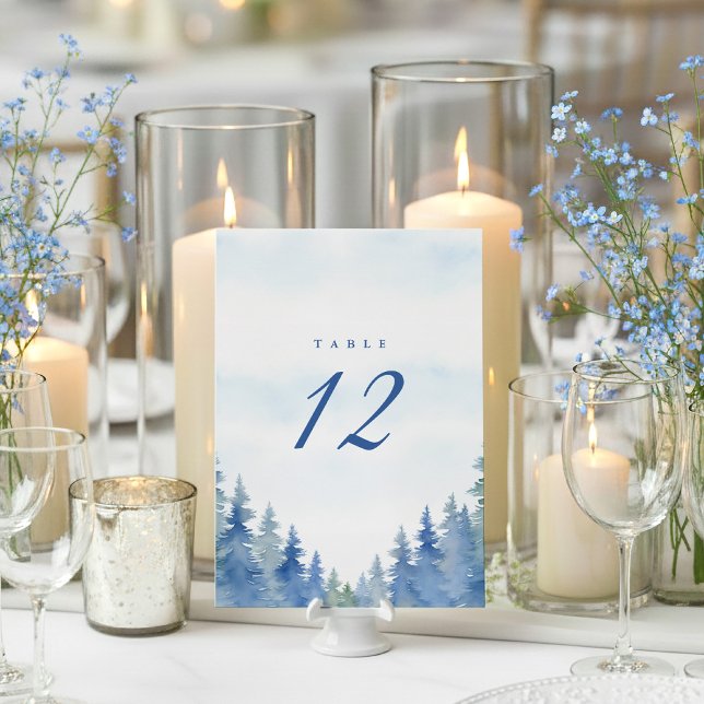 Convite Número da tabela de recepção das pinheiros de inve (Blue pine trees wedding table number place card.)