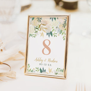 Convite Número da Tabela Floral de Casamento Dourado e Ve