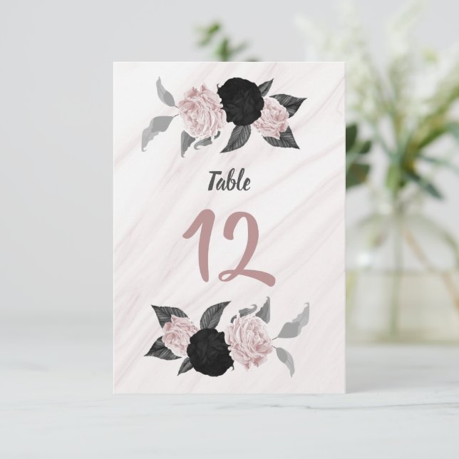 Convite número da tabela floral rosa e preto (Em pé/Frente)