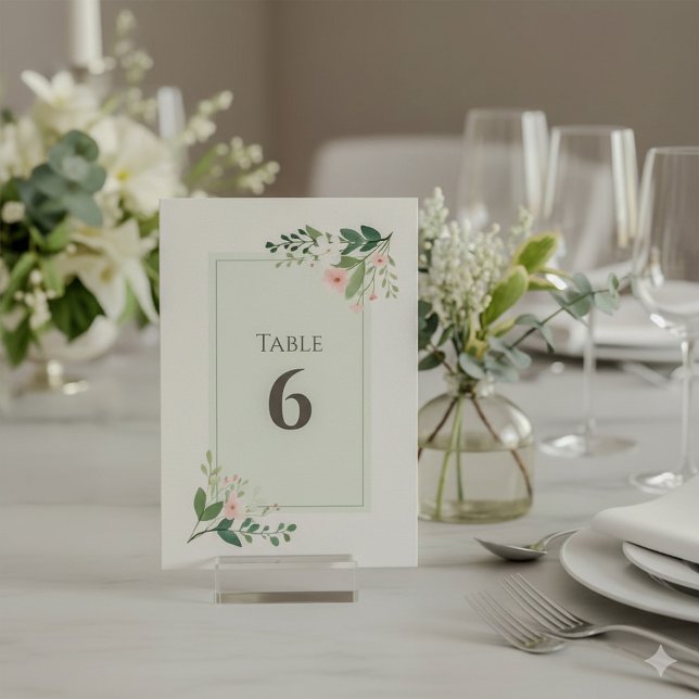 Convite Número da Tabela Floral Verde Suave e Rosa (Pretty botanical table number wedding reception card.)
