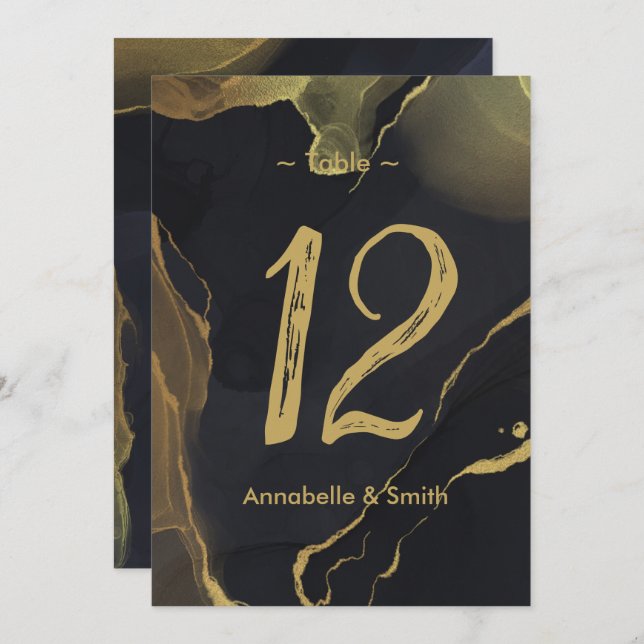 Convite número da tabela mármore preto e Dourado (Frente/Verso)