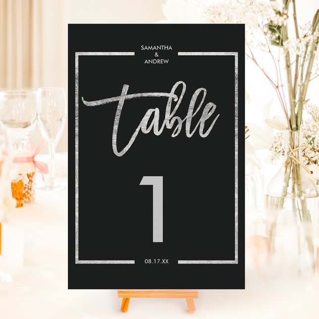 Convite Número da tabela preta do script de moldura (Silver frame script black table number)