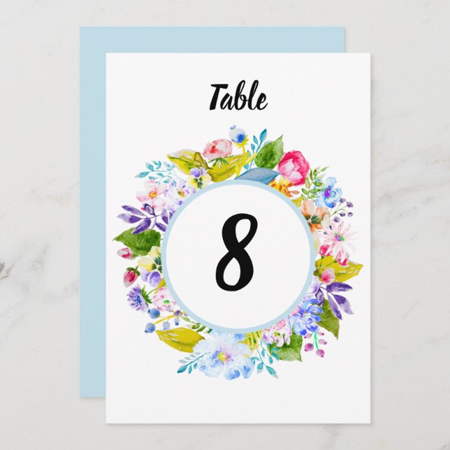 Convite Número da Tabela Romântica Romântica Floral Azul S (Frente/Verso)