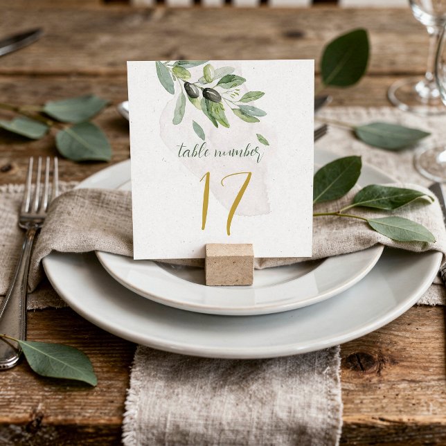 Convite Número de Mesa Aquarela com Ramo de Oliveira Rústi (Rustic Italian Olive Branch Watercolor Table Number )