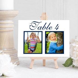 Convite Número de Mesa Azul-Navy para Foto de Casamento El