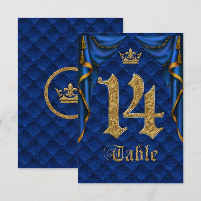 Convite Número de Mesa Azul Real Coroa Dourada Casamento 1 (Frente/Verso)