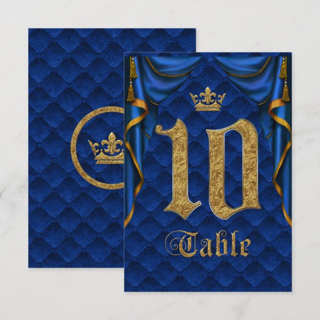 Convite Número de mesa azul real dourado coroa casamento 1 (Frente/Verso)