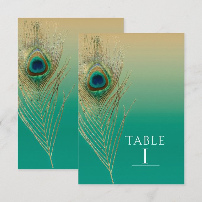 Convite Número de Mesa Boho com Pena de Pavão em Areia e A (Frente/Verso)